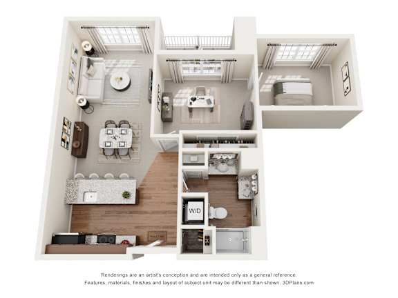 Floor Plan  A 3D floor plan of a house with a kitchen, living room, and bathroom.