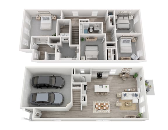 Floor Plan  A top and bottom floor plan of a house with a garage and a living room.