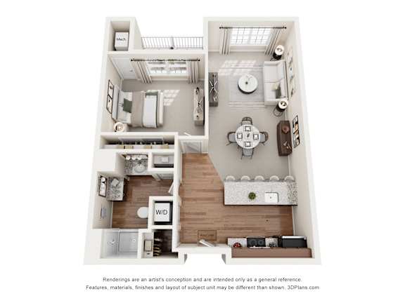 Floor Plan  A 3D floor plan of a house with a kitchen, living room, and bedrooms.