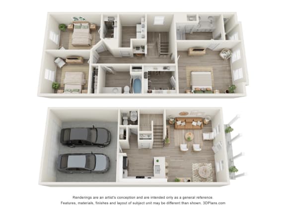 Floor Plan  a 3d floor plan of a 3 bedroom apartment