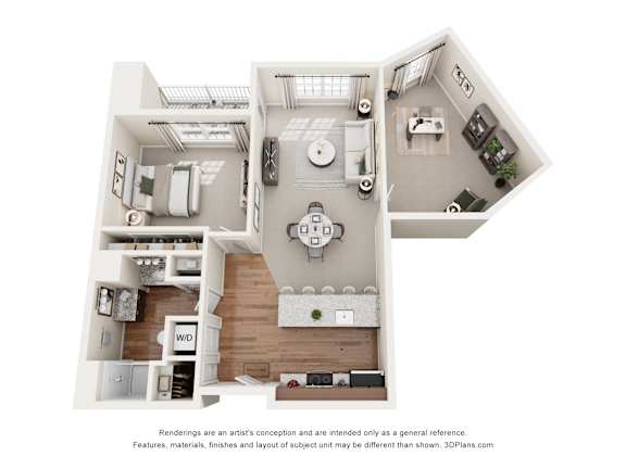 Floor Plan  A 3D floor plan of a house with a kitchen, living room, and bathroom.