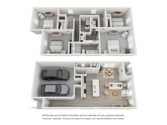 Floor Plan  a stylized 3d floor plan of a house with a car and a balcony