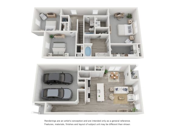 Floor Plan  a stylized 3d floor plan of a house with a car and a balcony