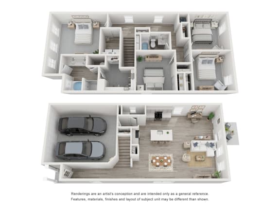 Floor Plan  a stylized 3d floor plan of a house with a car and a balcony