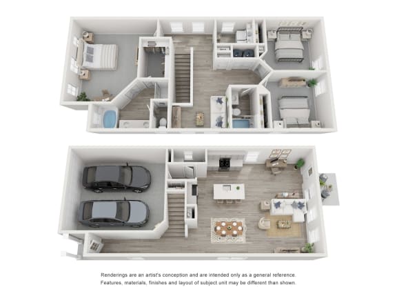 Floor Plan  a stylized 3d floor plan of a house with a car and a balcony