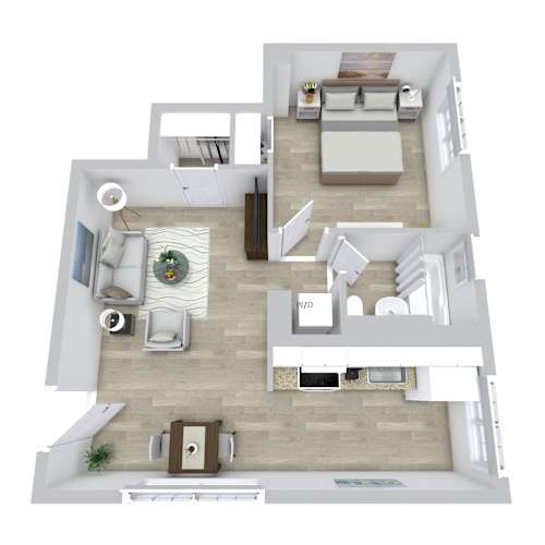 Floor Plan  A top-down view of a modern apartment layout with a kitchen, living room, and two bedrooms.