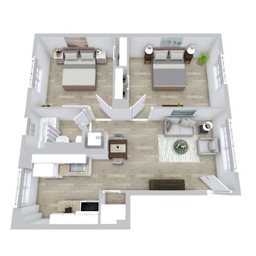 Floor Plan  A top-down view of a living room with a couch, coffee table, and television.