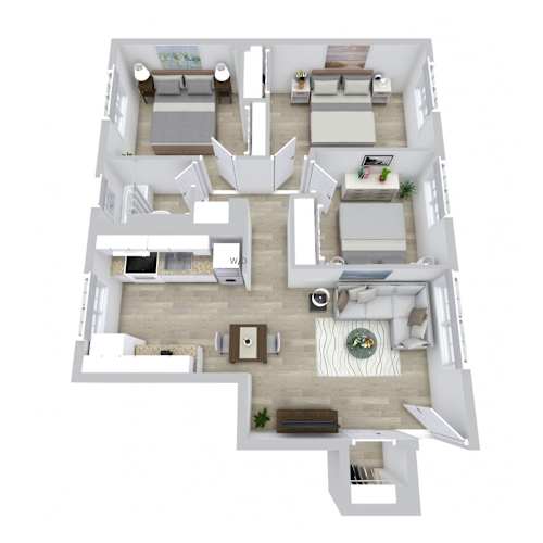 Floor Plan  A top-down view of a modern apartment layout with a living room, kitchen, dining area, and bedrooms.