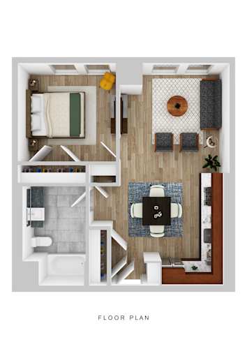 Floor Plan  A floor plan of a room with a bed, a couch, a table, and a chair.