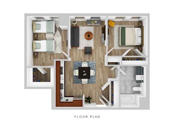 Floor Plan  A floor plan of a house with a kitchen, living room, dining room, and bedrooms.