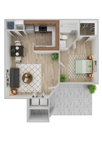 Floor Plan  A top-down view of a modern apartment with a kitchen, living room, and bathroom.