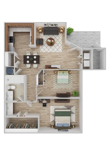 Floor Plan  A top-down view of a modern apartment layout with a kitchen, living room, and bedrooms.