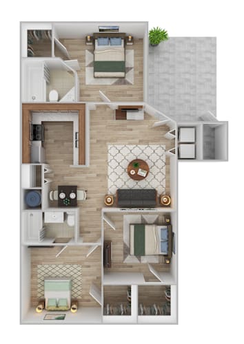 Floor Plan  A top-down view of a modern apartment layout with a kitchen, living room, and bedrooms.