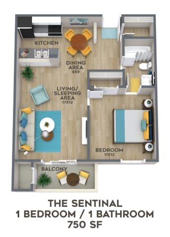 Floor Plan  the sentinel 1 bedroom 1 bath apartment floor plan