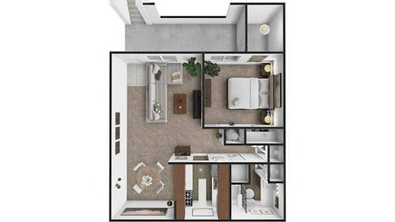 Floor Plan  A top-down view of a small apartment with a kitchen, living room, and bathroom.