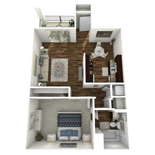Floor Plan  A 3D floor plan of a two-bedroom apartment.
