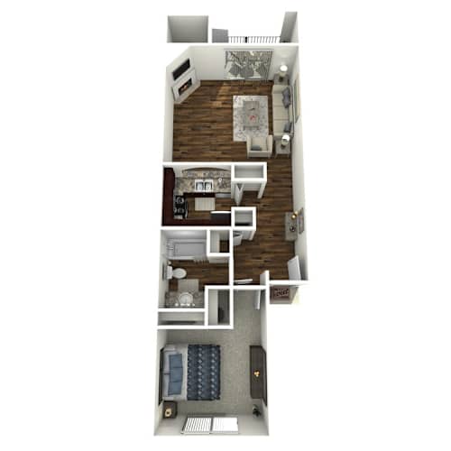 Floor Plan  A floor plan of a small apartment with a kitchen, living room, and bedroom.