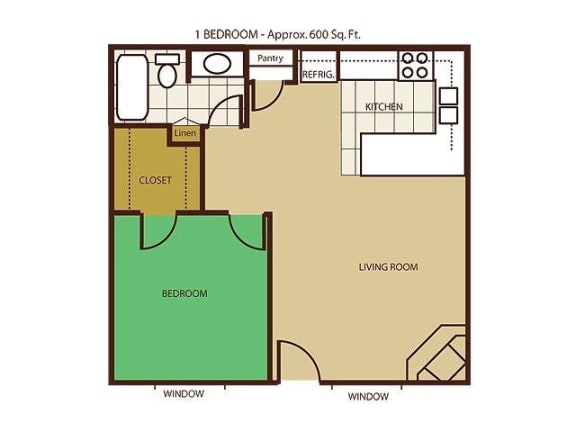 Floor Plan  1 Bed Floor Plan at Mountain View Villa Apartments, Arizona