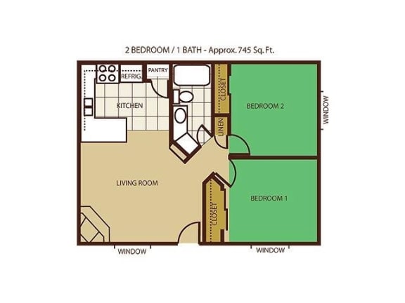 Floor Plan  2 Bed Floor Plan at Mountain View Villa Apartments, Arizona, 86326