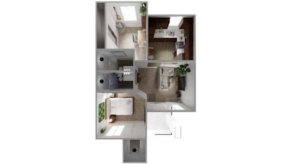 Floor Plan  A top down view of a house with a kitchen, living room, and bathroom.