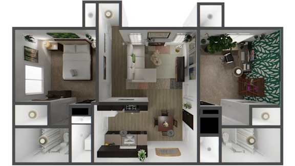 Floor Plan  A 3D rendered image of a modern apartment layout.