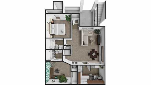 Floor Plan  A floor plan of a house with a kitchen, living room, and bathroom.