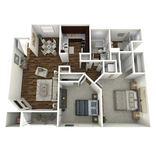 Floor Plan  A 3D floor plan of a house with a kitchen, living room, and bedrooms.