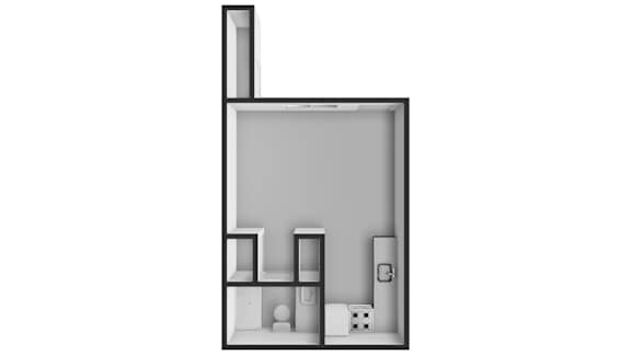 Floor Plan  A drawing of a room with a bed, desk, and chair.