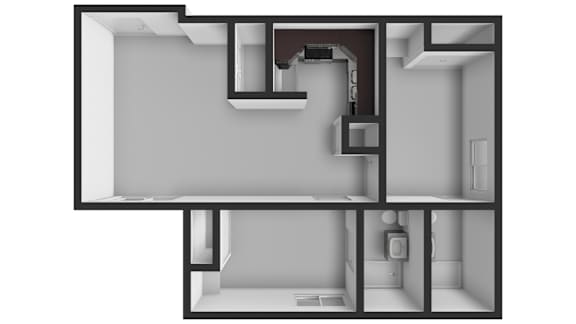 Floor Plan  A black and white image of a room with a bed, a desk, and a chair.