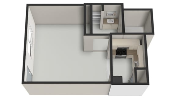 Floor Plan  A 3D floor plan of a house with a kitchen, living room, and bathroom.