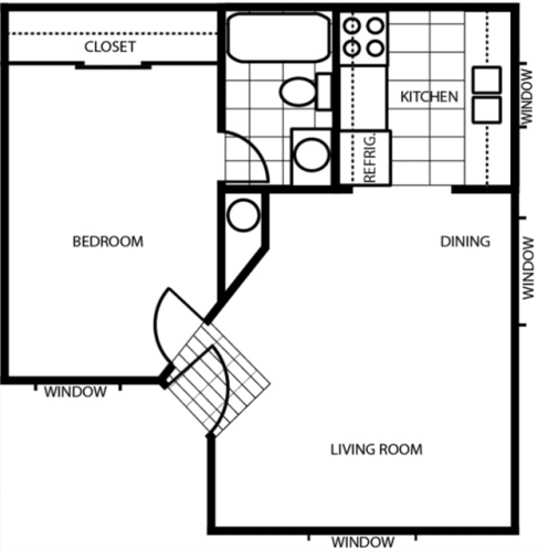 Floor Plan  One Bedroom Floor Plan at Woodlands Village Apartments, Flagstaff