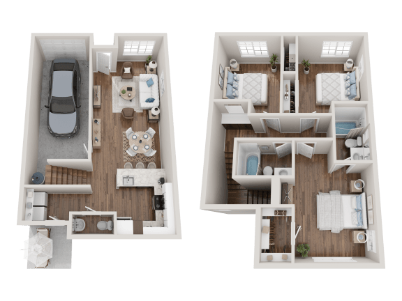 Floor Plan  a rendering of two floor plans with bedrooms and a bathroom
