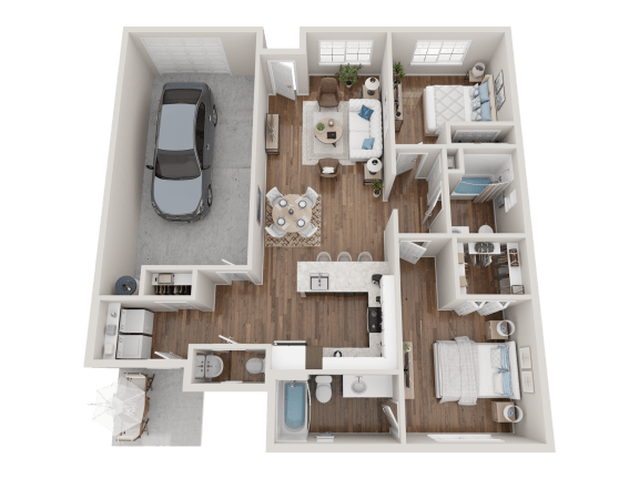 Floor Plan  a 3d rendering of a floor plan with a bedroom and a car