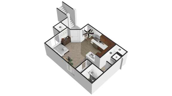 Floor Plan  A 3D floor plan of a house with a kitchen, living room, and two bedrooms.