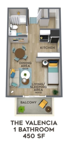Floor Plan  a floor plan of the valencia 1 bedroom