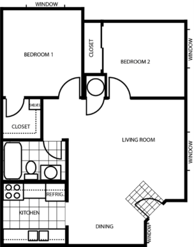 Floor Plan  Two Bedroom Floor Plan at Woodlands Village Apartments, Arizona, 86001
