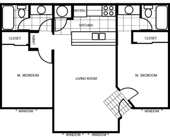 Floor Plan  Two Bed Two Bath Floor Plan at Woodlands Village Apartments, Flagstaff, AZ, 86001