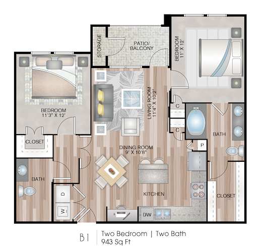 Floor Plan  943 Square Foot 2 Bedroom Apartment Floor Plan