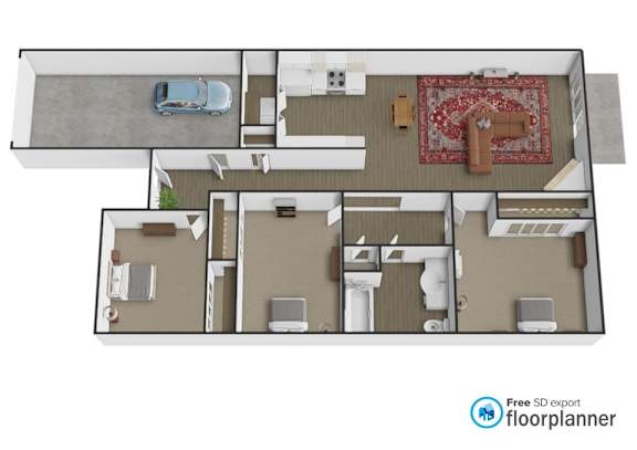 Floor Plan  A floor plan of a house with a car parked in the garage.