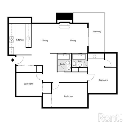 Floor Plan  A black and white image of a floor plan for a rental property.