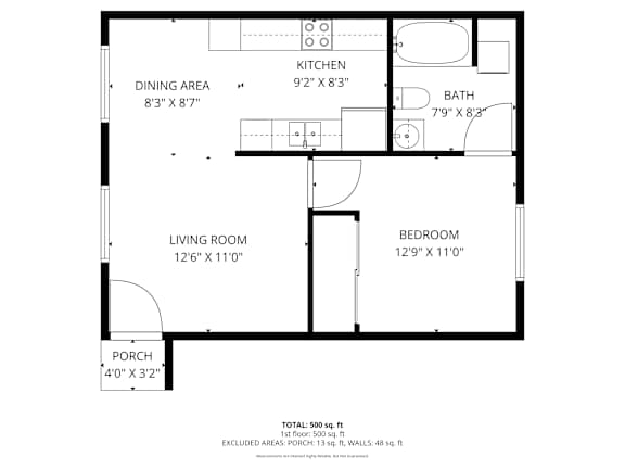 Floor Plan  A floor plan of a one bedroom apartment at Malibu with a kitchen, living room, dining area, bathroom, and porch.