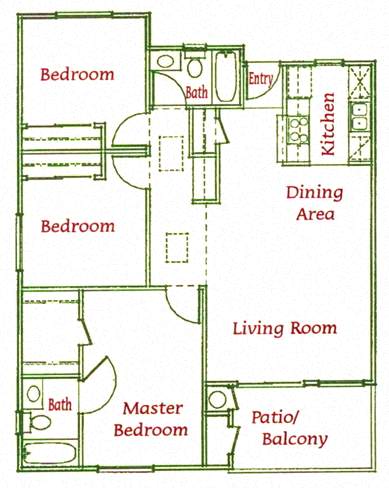 Floor Plan  Three Bedroom Floor Plan at Redlands Towne Square Apartments, California, 92571