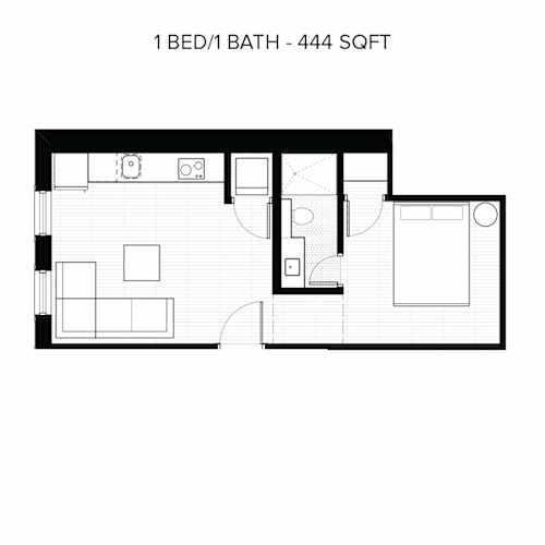 Floor Plan  A black and white image of a 1 bedroom/1 bathroom apartment of 444 square feet.