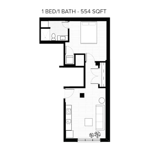 Floor Plan  A floor plan of a 1 bedroom apartment with a bathroom.
