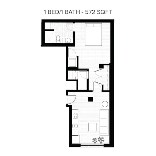 Floor Plan  A floor plan of a 1 bedroom apartment with a bathroom.