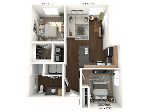 Floor Plan  A 3D floor plan of a small apartment with a living room, kitchen, and bathroom.