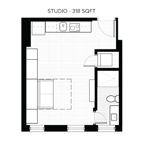 Floor Plan  A floor plan of a studio apartment with 318 square feet.