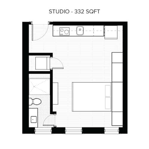 Floor Plan  A floor plan of a studio apartment with a total area of 332 square feet.