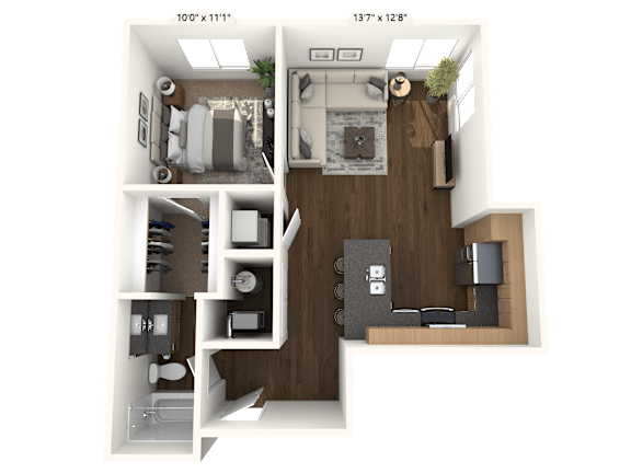 Floor Plan  A 3D floor plan of a small apartment with a kitchen, living room, and two bedrooms.