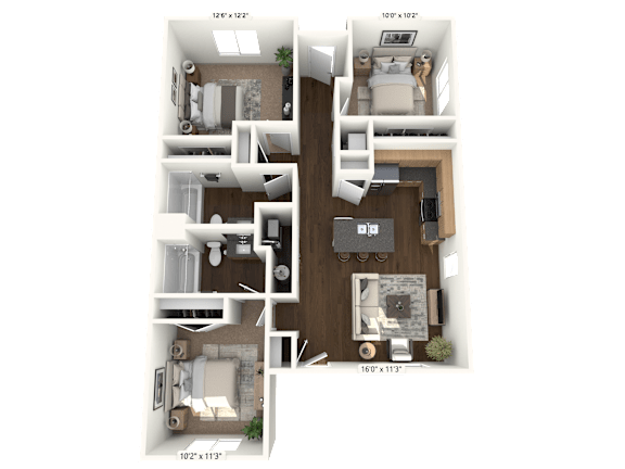 Floor Plan  A 3D floor plan of a house with dimensions and room layout.